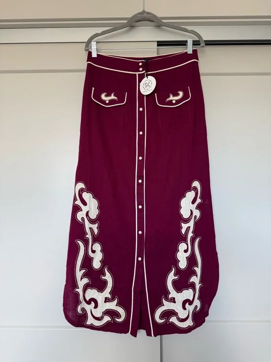 Lucky & Blessed Maroon Midi Skirt with White Western Accents - Picture 1 of 7